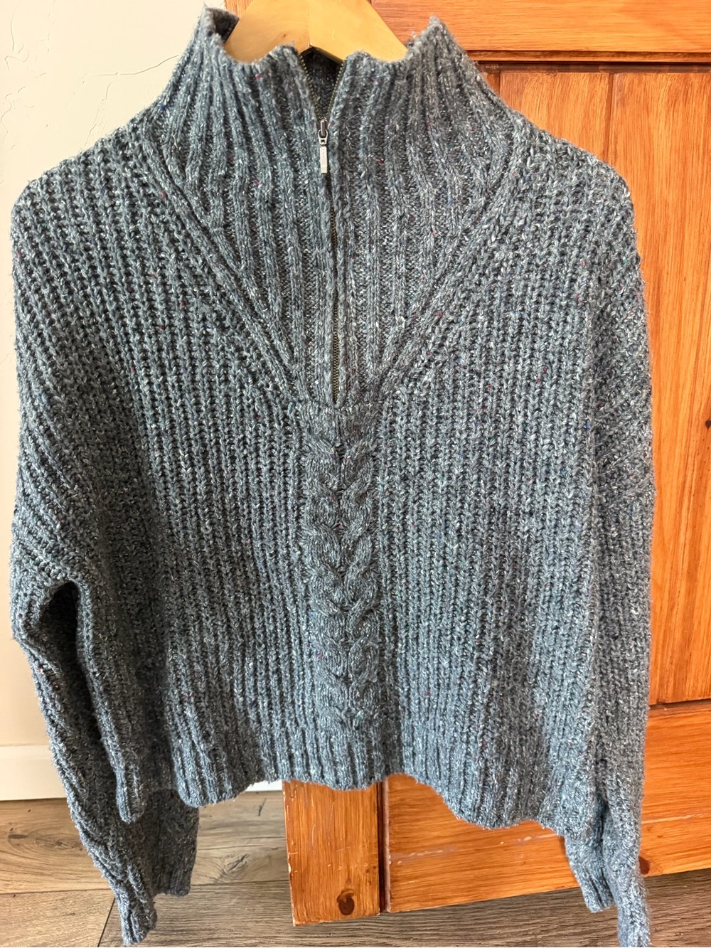 PrAna Gray Tweed Chunky Cable Knit Quarter Zip Mock Neck Pullover Sweater XL